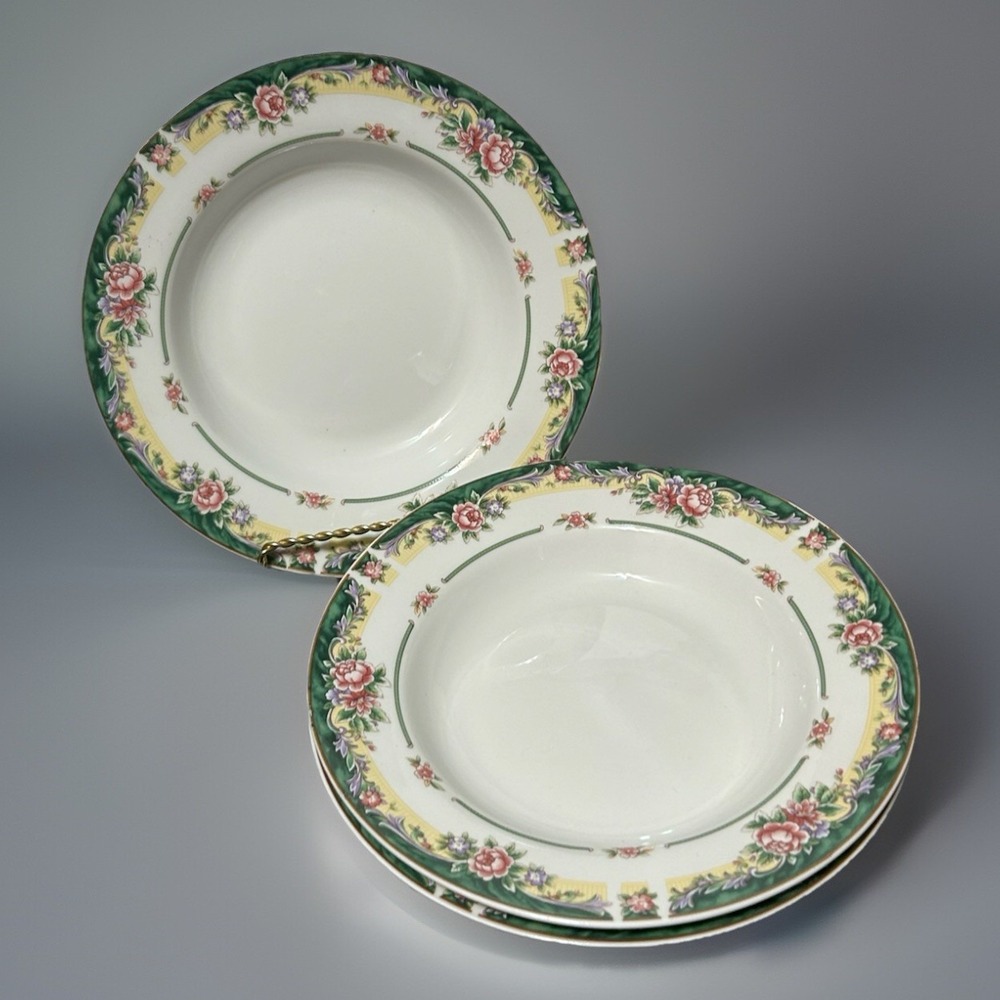 Excel Legend 435 Fine China Soup Bowls Floral Pink Rose Green Rim Set of 3